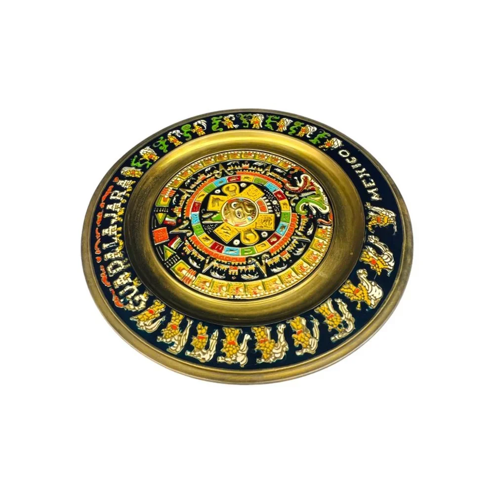 Vintage Guadalajara Mexico Decorative Brass Aztec Calendar Plate 11" - Picture 10 of 12